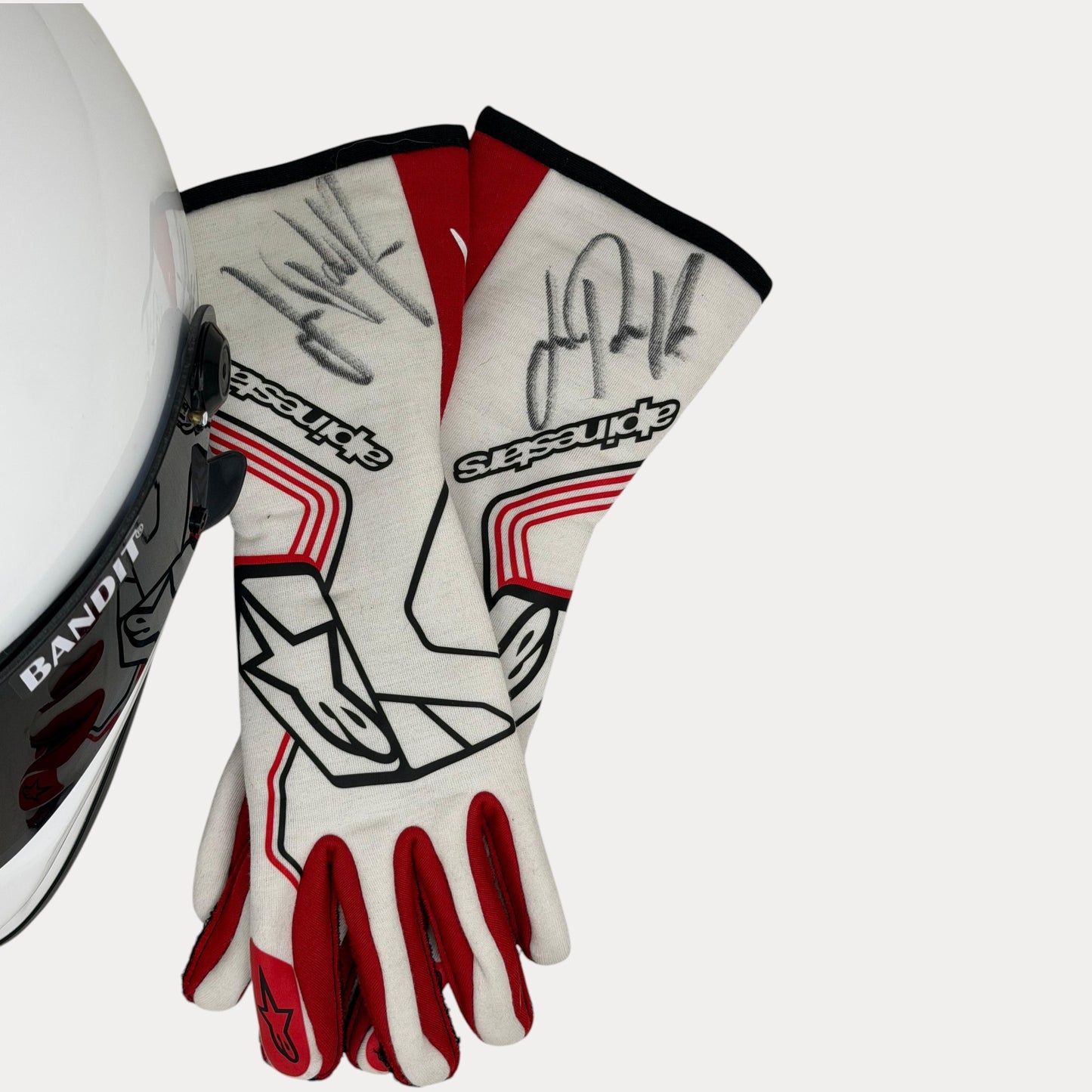 Original Bandit Crystal Helm + Alpine Stars FIA Standart Handschuhe signed by Jean Pierre
